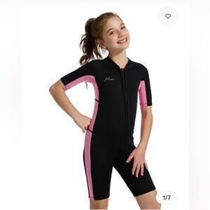 Kids Shorty Wetsuit 2mm Pink with Front Zipper for Water Fun